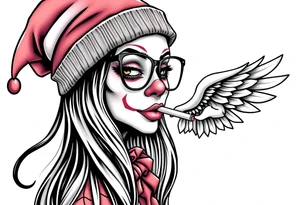 beautiful long hair Clown Girl thug beanie eyeglasses angel wings smoking cigarette tattoo idea