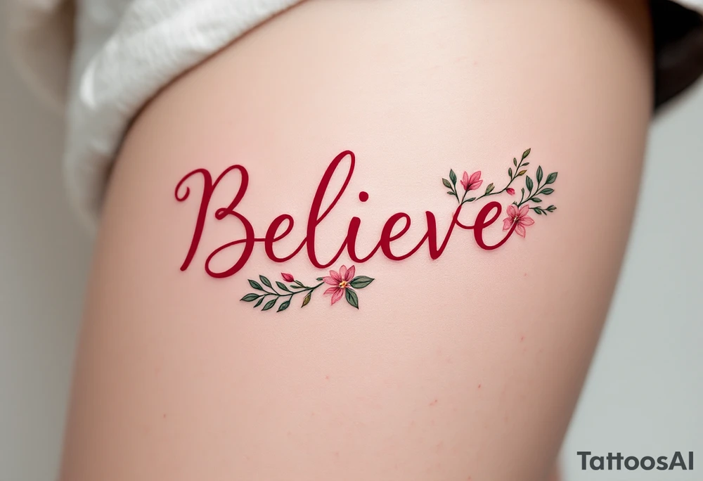 "Believe" in vibrant red with floral accents in soft pink and green, representing growth and perseverance. tattoo idea