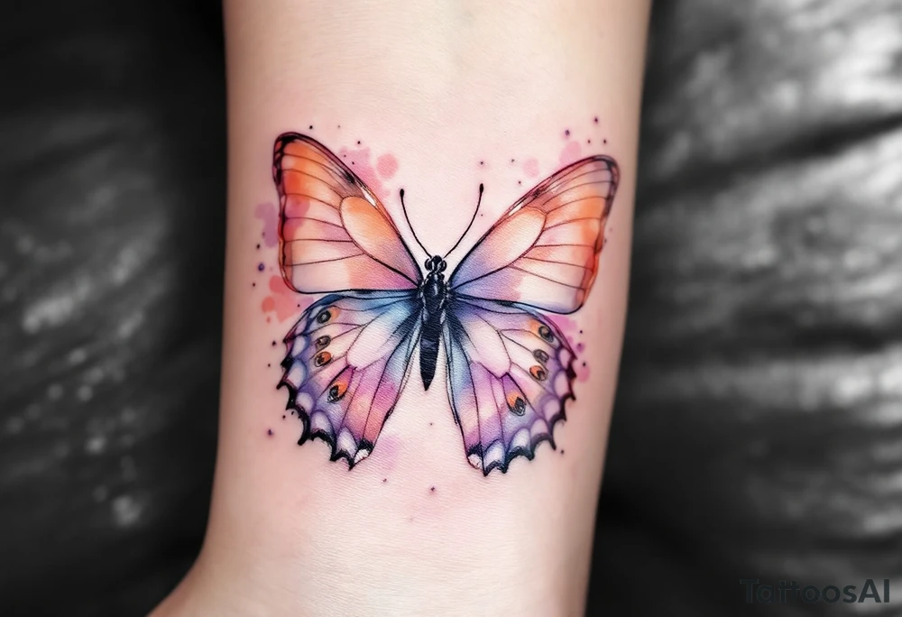 Janička name framed by a soft watercolor butterfly, in shades of peach and lavender. tattoo idea