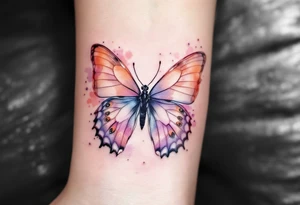 Janička name framed by a soft watercolor butterfly, in shades of peach and lavender. tattoo idea