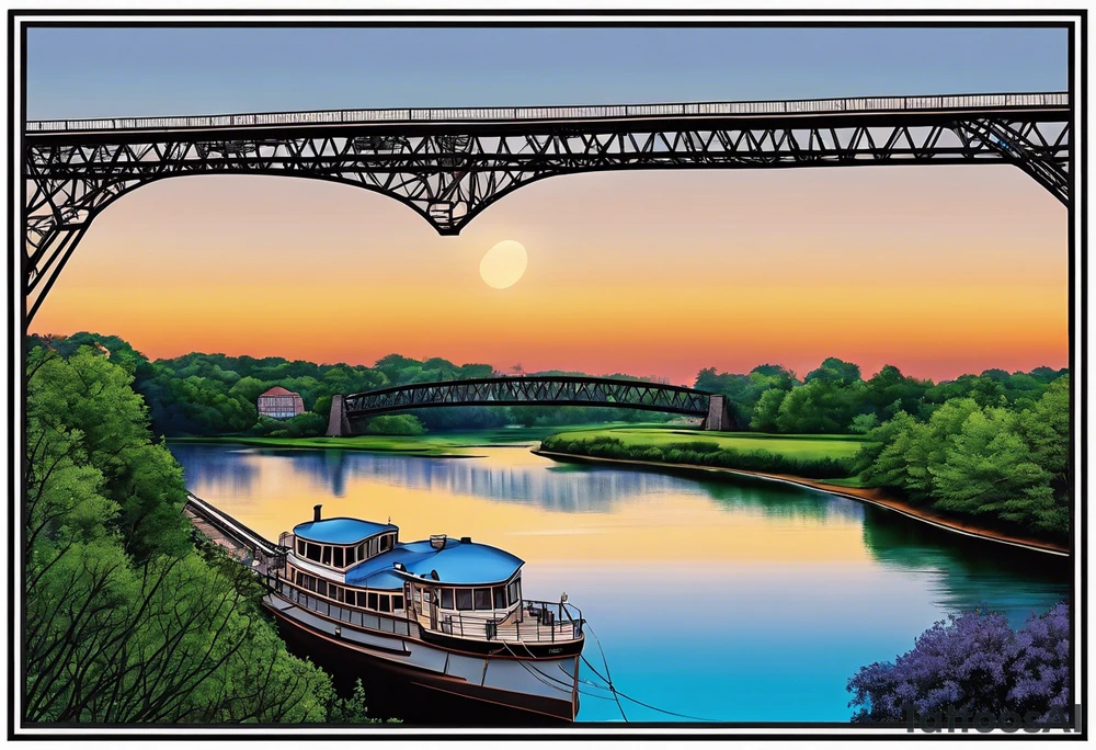 simple line art, view from under steel truss cantilever bridge tattoo idea