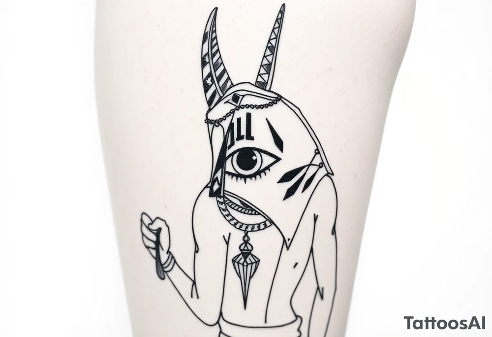 "Anubis as a 1990s L.A. gangster: gold chains, Crip bandana. His staff is a satellite antenna. Floating Eye of Horus is a blockchain audit log.  

Style: Hyper-detailed blackwork. Thigh/calf placement." tattoo idea