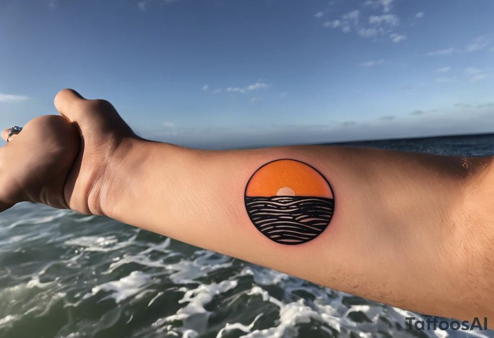 This is an extremely simple and minimalistic tattoo on male forearm. It is black and white with tiny splashes of orange from the sun. The tattoo 4 inches wide by 2 inches tall. From the perspective of being on the ocean, Water is calm, with no waves in sight, the sun is setting behind the ocean, reflecting light onto the ocean. tattoo idea