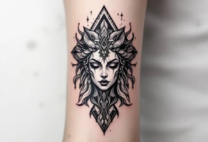 beautiful dmt deity trippy with geometric pattern tattoo idea