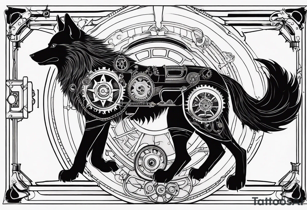 Powerful wolf powered by an engine featuring an "steampunk desing" tattoo idea