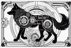 Powerful wolf powered by an engine featuring an "steampunk desing" tattoo idea