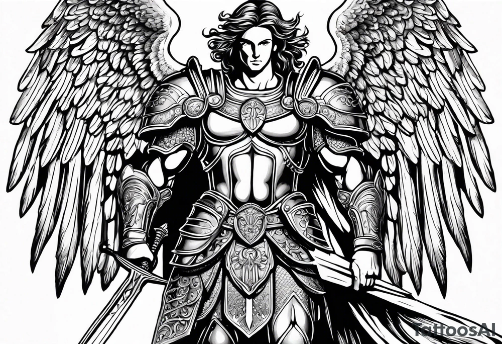 **Tattoo Design: Archangel Michael**

- **Central Theme**: Archangel Michael, majestic and powerful, stands ready with a raised sword, prepared to battle evil.
- **Appearance**: The figure of Archangel Michael depicted in full angelic armor, with majestic wings spread wide.
- **Expression**: His stance conveys strength, courage, and determination in defense of good.
- **Details**: Focus on intricate details such as facial features, armor embellishments, and the raised sword.
- **Background**: May be stylized as celestial, with rays of light or clouds, accentuating the divine presence of Archangel Michael.
- **Placement**: Intended for placement on the chosen body area, with the option to adjust the size according to personal preferences. tattoo idea