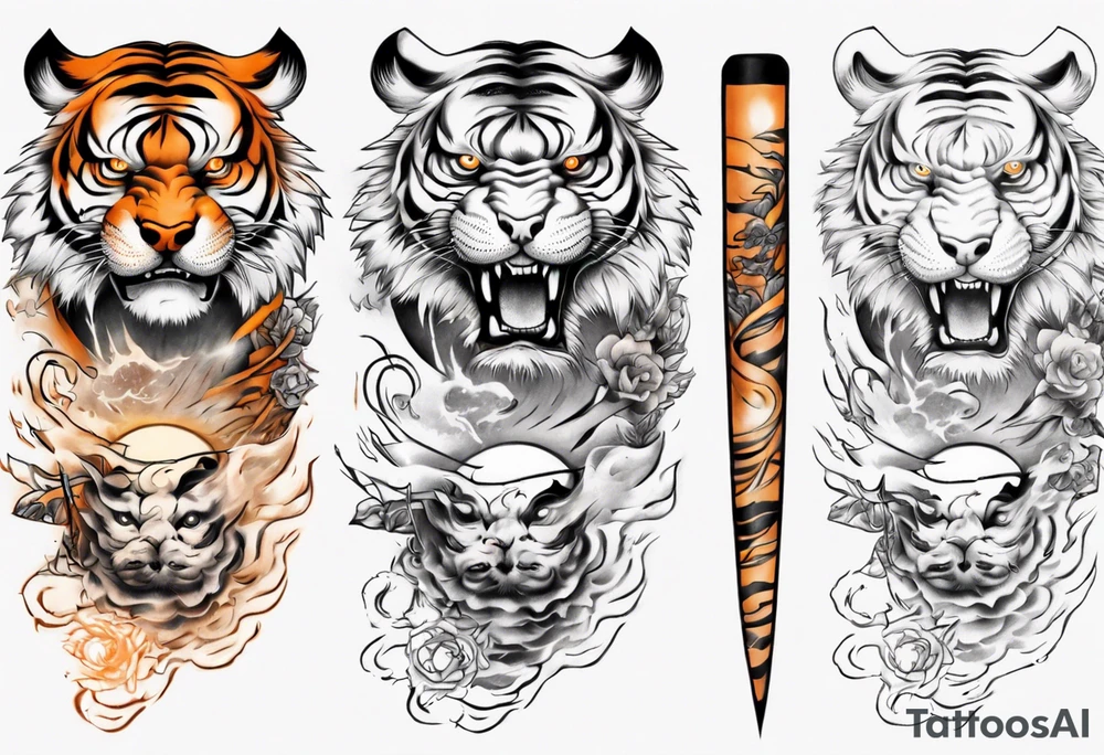 Tiger sleeve tattoo with lightning and the sun tattoo idea