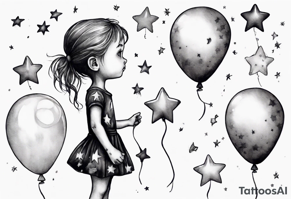 Little girl holding on to heart and star balloons and going up to the sky tattoo idea