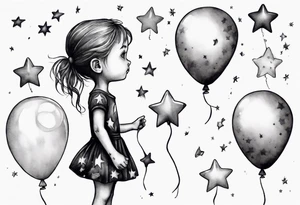Little girl holding on to heart and star balloons and going up to the sky tattoo idea