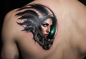 Ripley’s face reflected in the helmet of a Xenomorph, with sharp contrast, muted dark grays, and a glow of eerie green light. tattoo idea