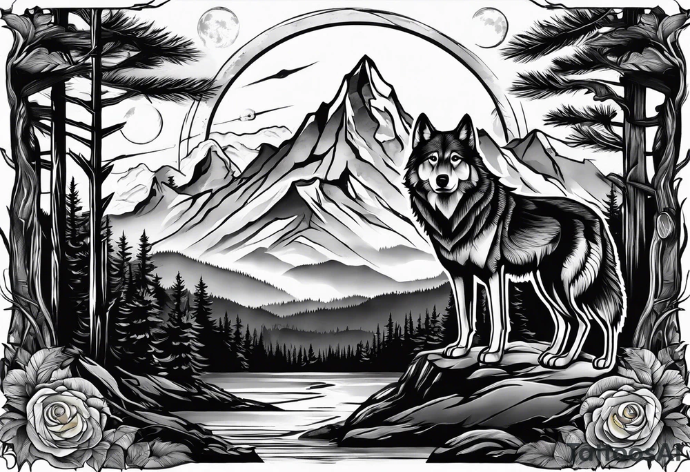 Mountain peaks
Two wolves
Moon
Dark woods
Trail tattoo idea Mountain peaks
Two wolves
Moon
Dark woods
Trail tattoo idea