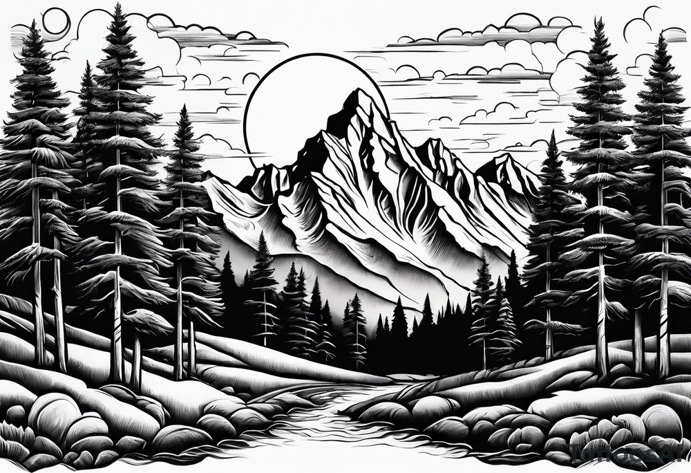 Half sleeve of Teton mountain range, moon In the sky and trees lining the bottom of tattoo tattoo idea