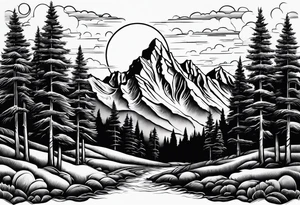 Half sleeve of Teton mountain range, moon In the sky and trees lining the bottom of tattoo tattoo idea