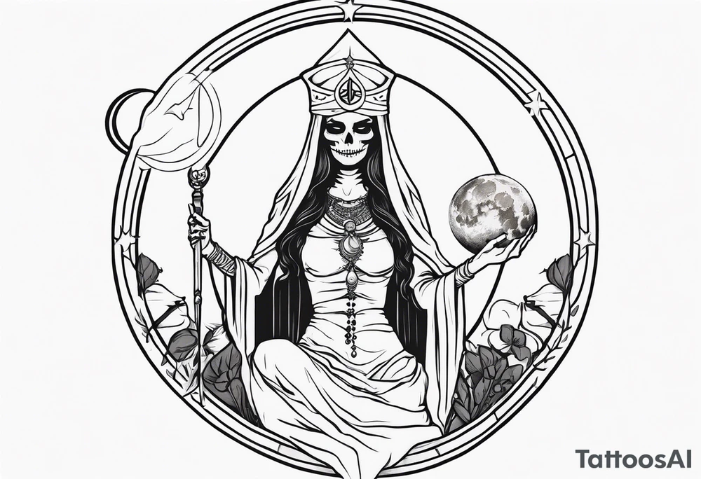 High priestess as a skeleton with moon tarot card tattoo idea