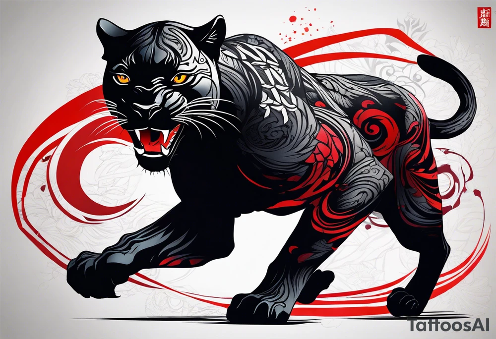 unique black panther tattoo, dynamic pose, showcasing its strength and grace, striking red eyes, intense and captivating elements, artistic flair, blending realism with abstract elements tattoo idea