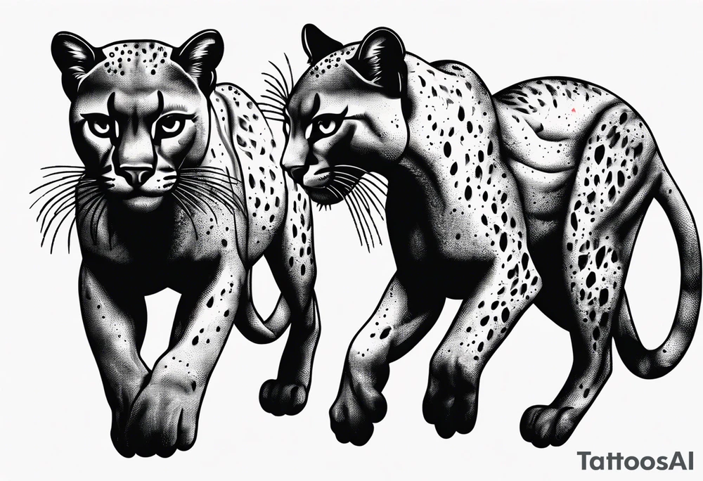 Two black pumas walking past each other and looking at each other tattoo idea