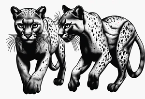 Two black pumas walking past each other and looking at each other tattoo idea