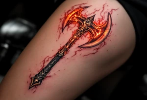 A deep red Perun’s axe glows with power, symbolizing strength and masculine energy. tattoo idea
