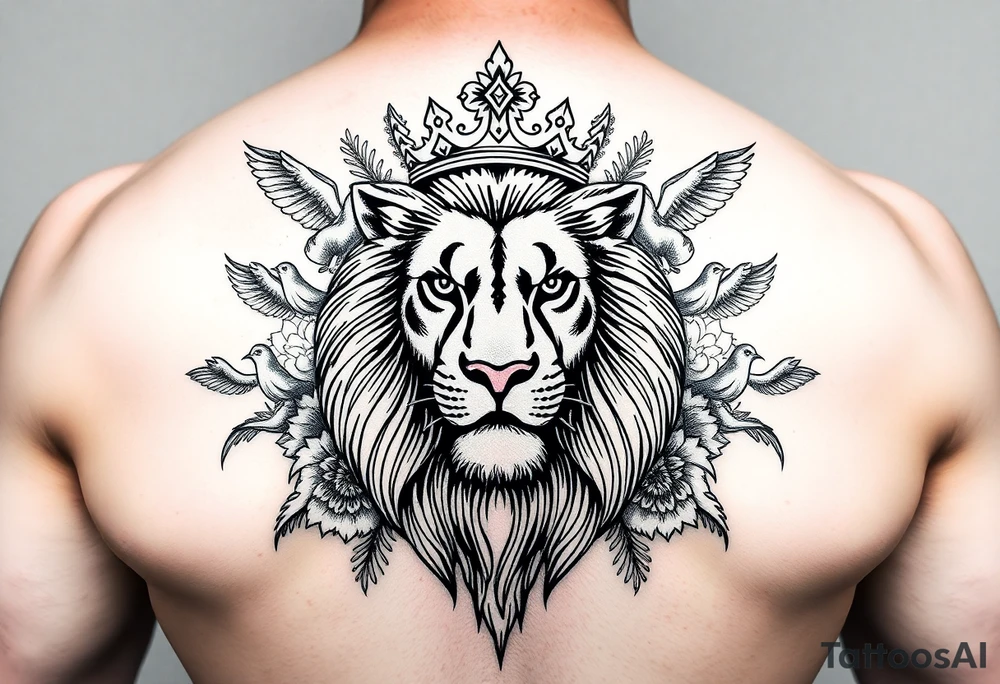 powerful majestic lion with a crown, surrounded by floral ornaments and birds tattoo idea