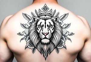 powerful majestic lion with a crown, surrounded by floral ornaments and birds tattoo idea