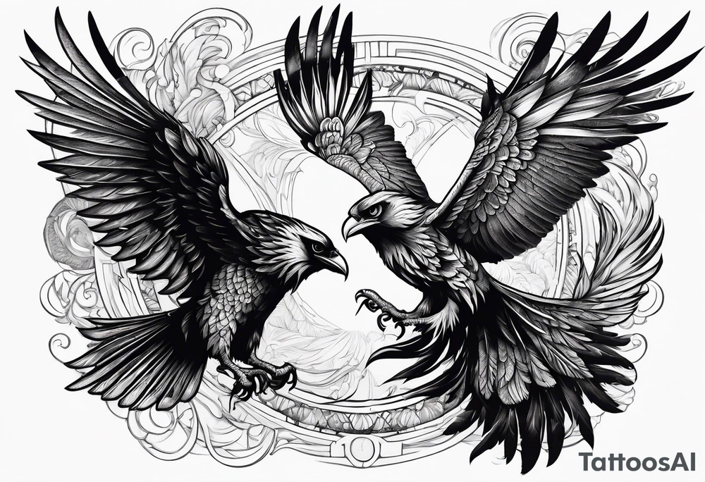 Pheonix and raven fighting with owl flying in at them tattoo idea