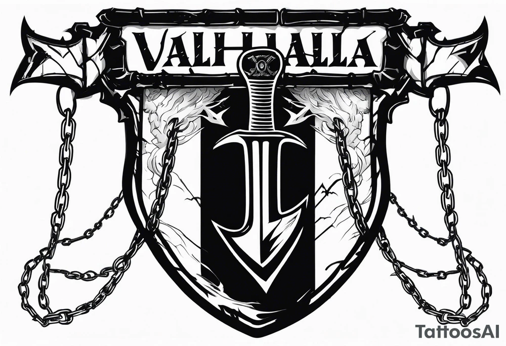 Valhalla sword shield axe barbed wire chains dark cloud lightning tattoo idea
