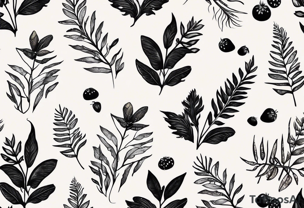 forest floor inspired minimalist tattoo, which includes grass, curly ferns and dead leaves as the bulk of the tattoo. details to include: three very tiny strawberries, a tiny bumblebee flying nearby, three small brown mushrooms tattoo idea
