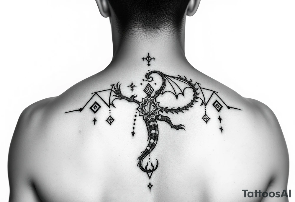 A symbolic back tattoo featuring a minimalist tribal-style dragon, incorporating Amazigh (Berber) symbols for strength, freedom, and identity. The design should reflect themes of transformation, grounding, and soul direction, resonating with a journey of inner rebirth and spiritual embodiment. Style: fine linework, sacred geometry, tribal influence, and dotwork. Ink: black or dark brown. tattoo idea