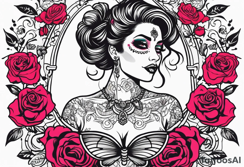 chest tattoo, from shoulder to shoulder, covering lover part of the neck. contains skulls, roses and muertos style girls tattoo idea