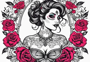 chest tattoo, from shoulder to shoulder, covering lover part of the neck. contains skulls, roses and muertos style girls tattoo idea