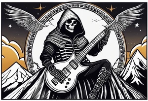 A tarot card showing a hooded skeleton playing a flying v guitar on top of a mountain made of amps,  the text says "XXII The Bard", lightnings in the background tattoo idea