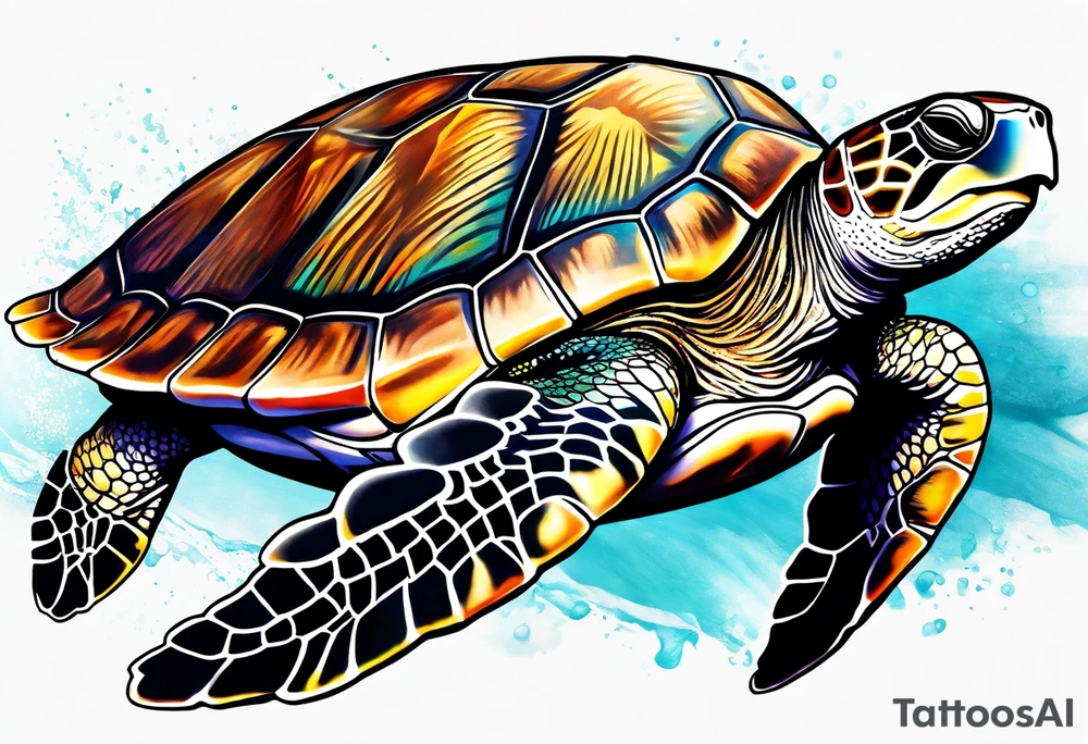 large sea turtle with the back right fin in lower left corner tattoo idea
