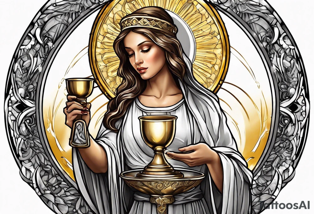 woman saint holding chalice surrounded by golden halo sideways tattoo idea