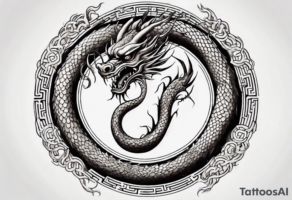 Chinese dragon in a circular shape with "02.03" written on its skin tattoo idea