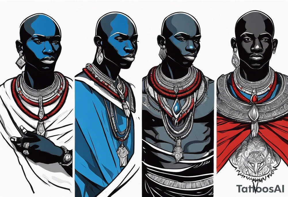 Black-skinned bald african warrior. He wears a simple and small silver crown. He uses two simple necklaces: one blue, other red. tattoo idea