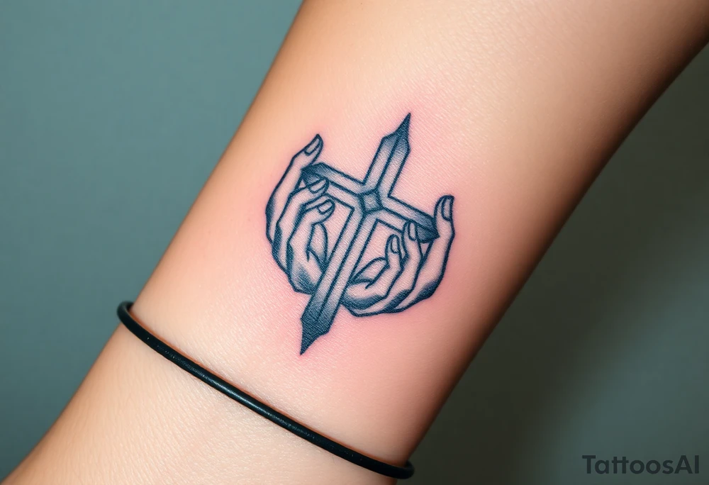cast all your anxiety on him because he cares for you" with a cross and hands tattoo idea