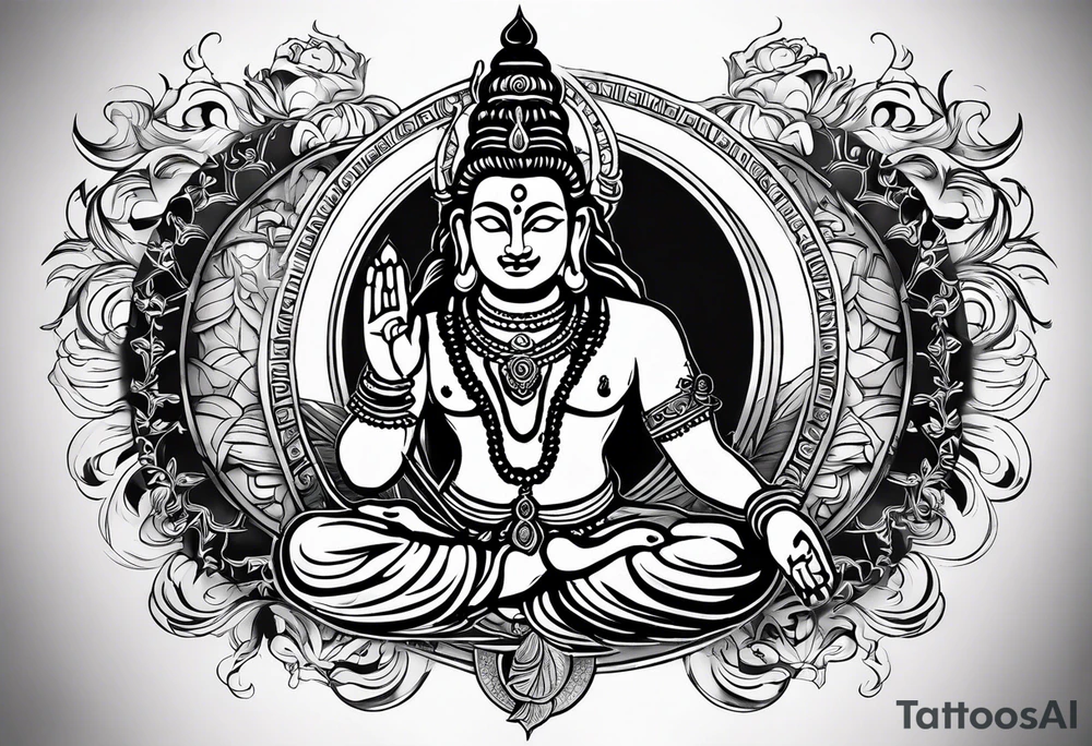 I'll focus on incorporating Lord Shiva, symbols of adventure, happiness, and travel, along with the requested themes of positivity and going with the flow into the design tattoo idea