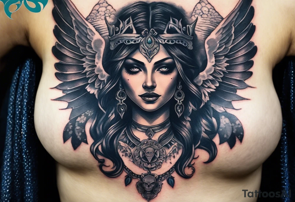 black kali, goddess pirate, alien, angel, pachamama, valkrye, warrior, flying, skull, lotus azul, wing, eagle, zenza resonance, stars, 5D, anahata chakra, death, durga, riding on a tiger, flying lady, chest tatoo tattoo idea