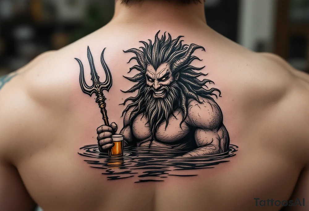 smiling poseidon, with a trident, in calm water, holding a beer tattoo idea
