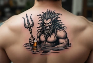smiling poseidon, with a trident, in calm water, holding a beer tattoo idea