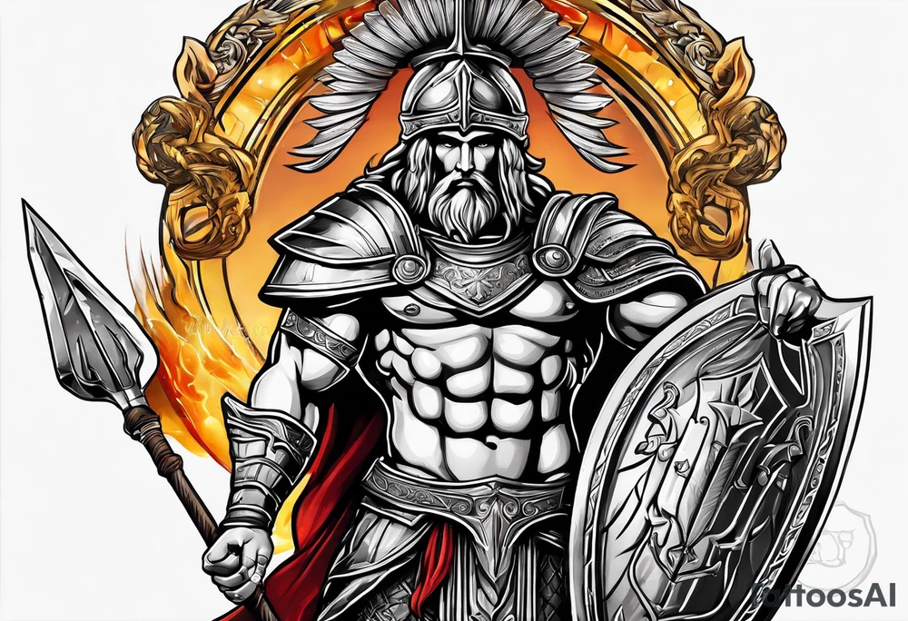 Ares greek God, holding his spear and shield tattoo idea
