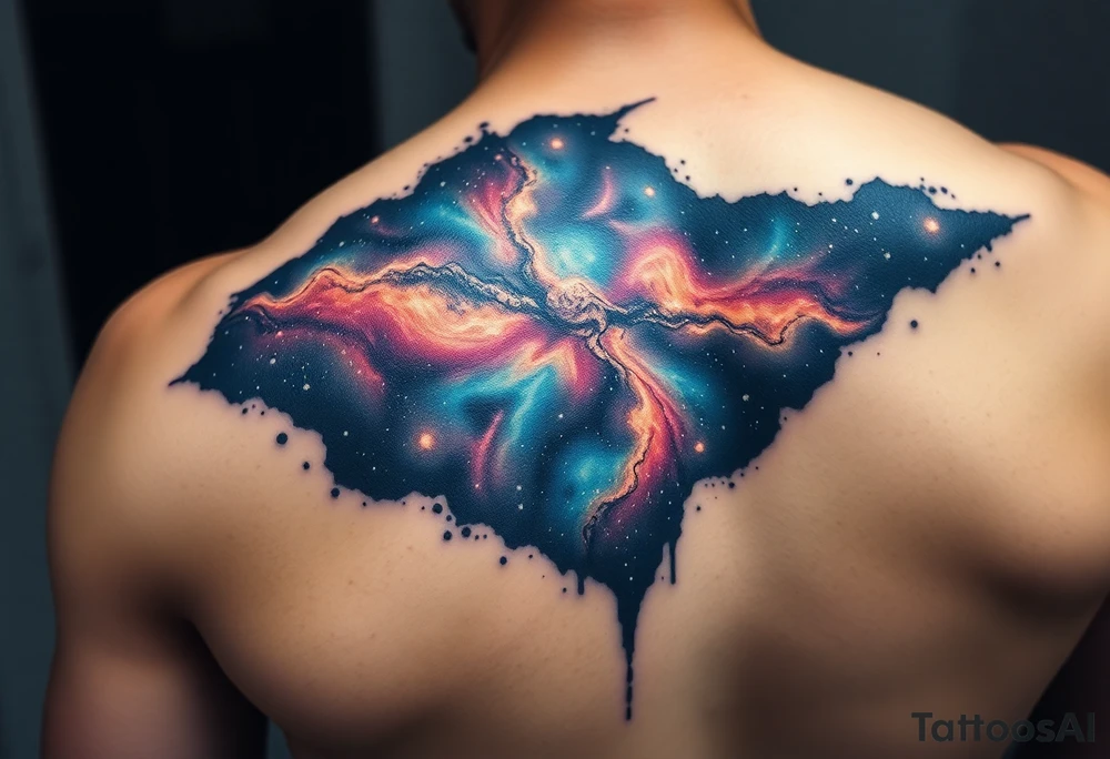 Beautiful and epic 3d milky way that appears to be what is beneath the skin. Make it drape over the shoulder and move to the middle back. use negative spaces to create stars and dust. Keep it symmetrical tattoo idea