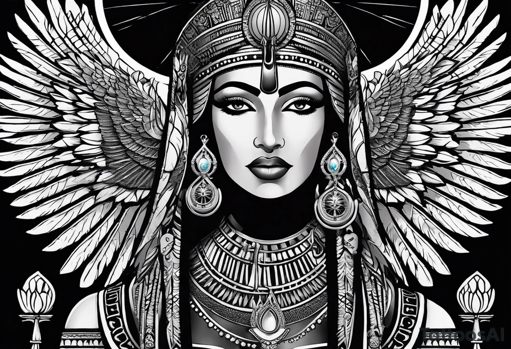black and white Egyptian goddess Isis, who is often depicted as a woman with outstretched wings, holding an ankh (a symbol of life) in one hand and a lotus flower in the other. Her headdress often includes a throne or a solar disk. The tattoo design can vary in style and size, but it typically aims to capture the essence of this revered Egyptian deity, emphasizing her beauty, power, and maternal qualities. The choice of colors and additional elements can also be customized to create a unique and visually striking representation of the goddess Isis tattoo idea