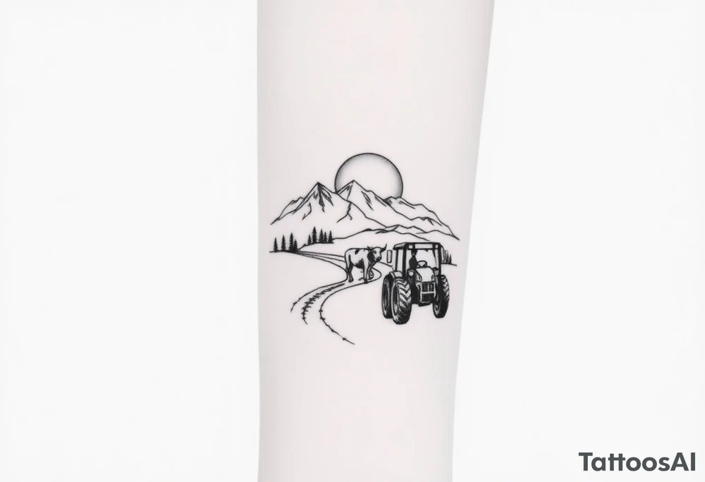 mountain, road, vantage tractor, cow, sunset tattoo idea