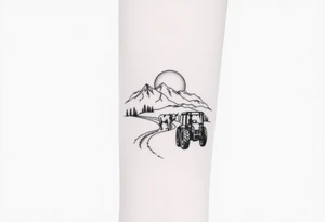 mountain, road, vantage tractor, cow, sunset tattoo idea