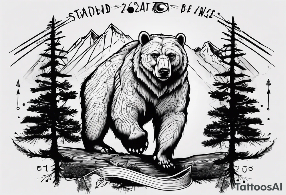 Standing bear fine line with armband.  Pine trees with script.  Add a eye with dot work lines coming out from the eye. tattoo idea