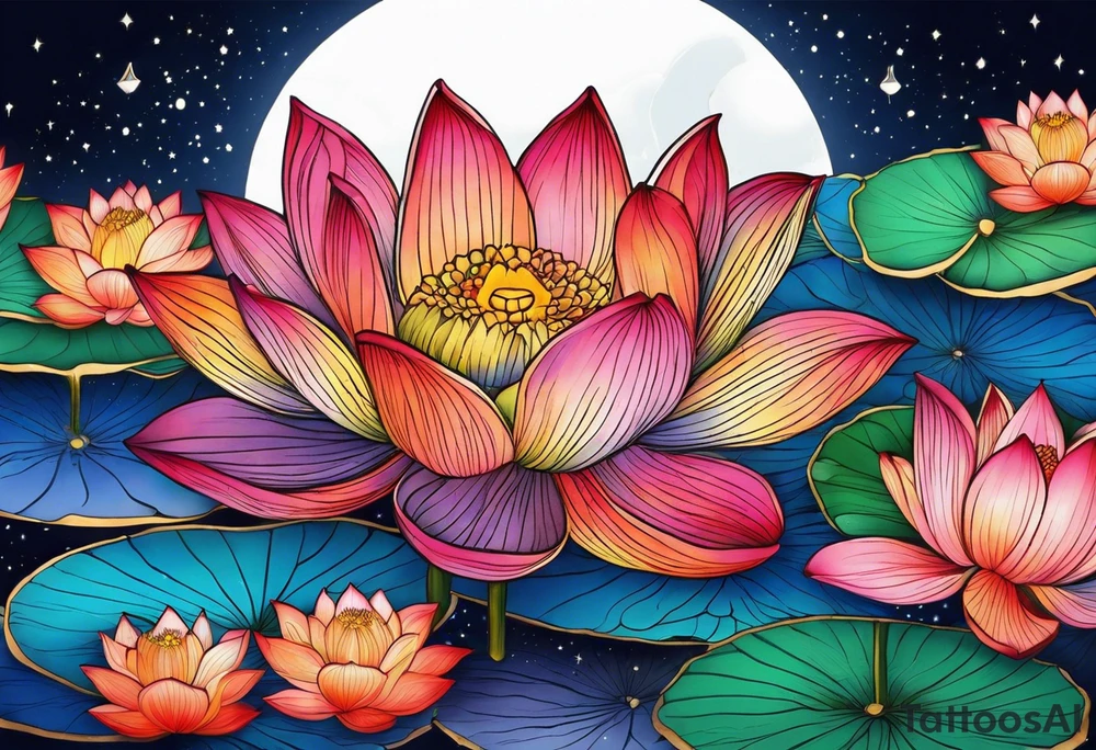 Vibrant colorful lotus flower on the pond with the night sky in the background tattoo idea