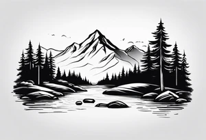 Mountain with a creek at the bottom and bushes at the base. For a full arm sleeve tattoo idea