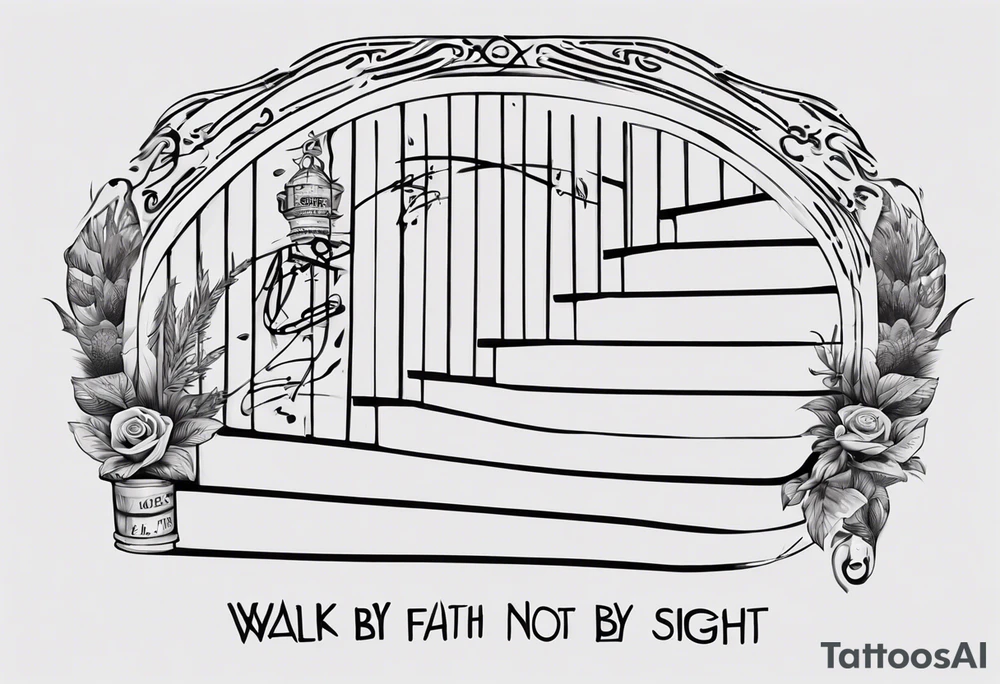 “walk by faith, not by sight” stairwell wrapping around the quote. This design captures the essence of the journey guided by faith. tattoo idea